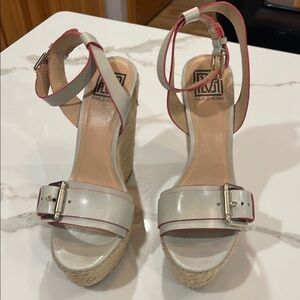 Pour La Victoire Pink and Blue Wedge Sandals with Ankle Straps